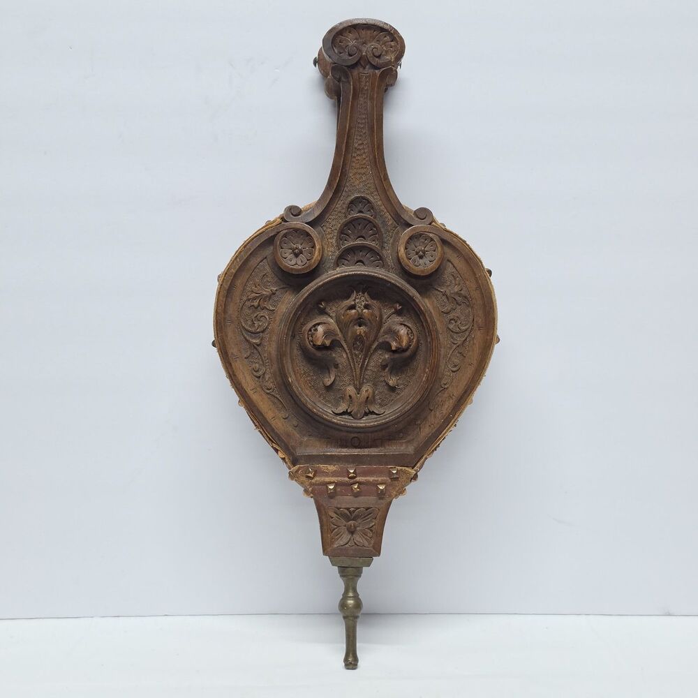 Antique Hand Carved Fireplace Bellows Late 1800s Wood and Leather Art Nouveau